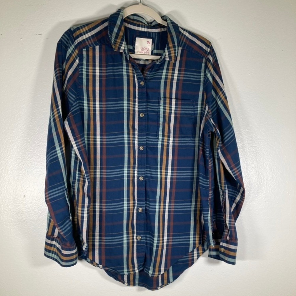 SO M Favorite Button Down Shirt Blue Plaid Cotton Modal Long Sleeve Top Medium